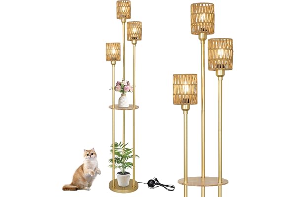 Rayofly Lampadaire Or Salon à 3 Flammes Avec Étagère, Abat-jour en Rotin & Interrupteur à Pied - Moderne Boho Pour Chambre, Bureau, Salon