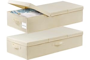 JUPELI 2 Stück Faltbarer Unterbettkommode mit Deckel, Unterbett-Aufbewahrungstasche Kleideraufbewahrung, Decken Organisator Lagerbehälter mit Griff Für Decken, Kleidung, Steppdecken (Beige)
