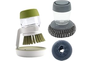 PMELCXD 4 PCS Brosse Vaisselle avec Reservoir Brosses à Vaisselle avec Distributeur de Savon Brosse de Nettoyage Cuisine avec Têtes Interchangeables Idéal pour Éviers, Casseroles
