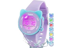 Ayybboo Montre Enfant,7 Lumières de Couleur Montre pour Fille Garçon,Montre Digitale Enfant pour Enfants avec Motif de Chat,3ATM Etanche/Quartz/Bracelet Souple pour 4-12
