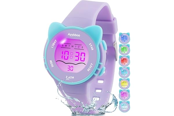 Ayybboo Montre Enfant,7 Lumières de Couleur Montre pour Fille Garçon,Montre Digitale Enfant pour Enfants avec Motif de Chat,3ATM Etanche/Quartz/Bracelet Souple pour 4-12