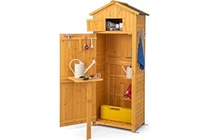 COSTWAY Gartenschrank Holz, Gerätehaus wetterfest, Geräteschuppen mit klappbarem Tisch & Tür & 8 Haken, Holzschuppen mit Satteldach, Geräteschrank Gartenschuppen, für Garten, Terrasse, Hof (Natur)