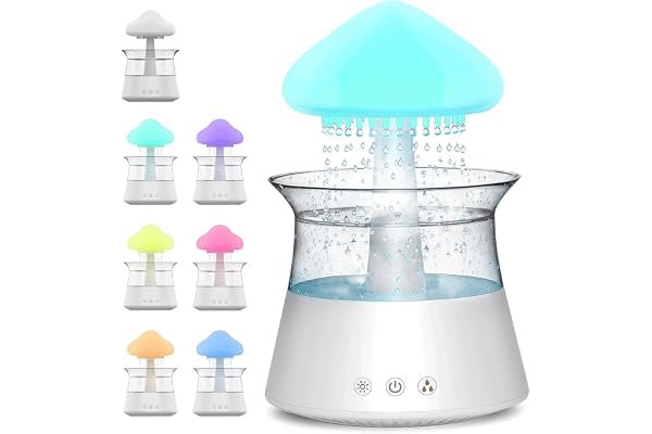 Towwoo 3 en 1 Humidificateur Nuage de Pluie, Diffuseur d'huiles Essentielles d'aromathérapie, Aromathérapie Veilleuse avec 7 Couleurs Changeantes Lumières Son et 3 Modes Brume de Pluie