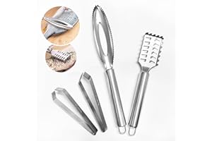SHFYFHS 4 Pièces kits Dissolvant D'écailles de Poisson & Pince à épiler en os de poisson, 2 x Grattoir Poisson Inoxydable + 2 x Inoxydable Pincettes (Plat et Incliné), pour Enlever Les Écailles Et Fish bone.