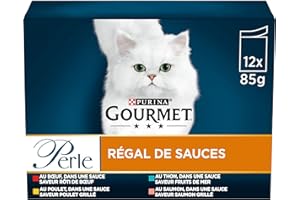 GOURMET Perla | Regal DE Salsas | Gato Adulto | Carne, Pollo, Atún, Salmón | 12 x 85 g| Bolsa Fresca