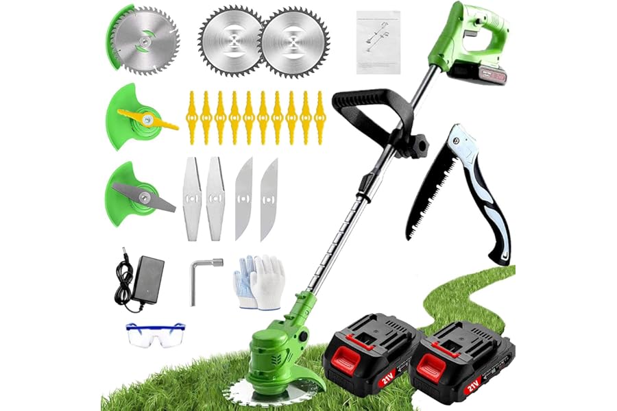 Strimmer, Cordless Strimmer, Garden Strimmer with Blades, Electric Telescopic Brush Cutter, Grass Trimmer with 2 x 21V 2.0mAh Batteries, Suitable for Gardens, Villas, Lawns