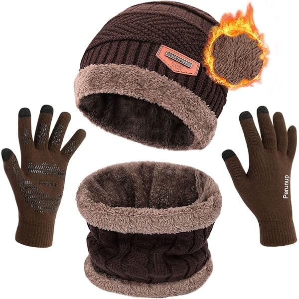 Men's Winter Knit Beanie Hat, Long Scarf & Touchscreen Gloves Set - Fleece Lined For Men And Women
