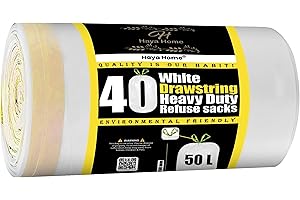 H HAYA HOME Haya Home 50L Litre 40 Drawstring Bin Bags Heavy Duty Swing Bin Liners, White Plastic Refuse Sacks tie top handle large Waste Dustbin Bags for Kitchen Home Office DIY Garden 100% Recycled Material