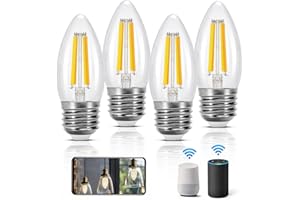 Aigostar Edison Bombillas Alexa LED E27 Bombillas Inteligentes 4.5W 470LM WIFI C35 Regulable 2700K-6500K, compatible con Alexa/Google Home. transparente 4 pack