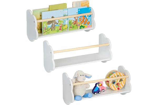 Relaxdays bokhylla moln, 3-pack, barnbokhylla vägg, vit/natur
