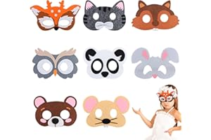 AKONE Maski zwierzęce dla dzieci, filcowa maska zwierzęca, zwierzęta leśne, maski na imprezę, z elastycznym sznurkiem, dekoracja urodzinowa, na urodziny dziecka, maskarada, 8 sztuk