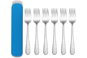 Kids Forks, Joyfair 6 Pieces Stainless Steel Toddler Fork Set, Cute Children Forks with Blue Case, Safe Kid Utensil for Self Feeding, Hammered Adult Look & Small Size, Rust Free & Dishwasher Safe
