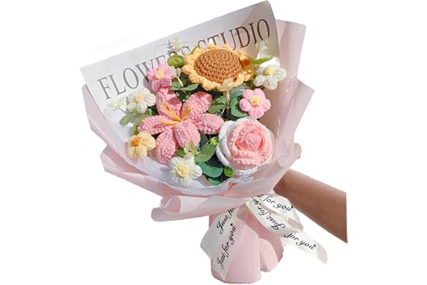 Peosaard Bouquet de Fleurs de Crochet, Fleurs Crochet Rose réaliste, Tournesol en Tricot Doux pour la fête des mères pour la fête la Saint-Valentin des Cadeaux décoration intérieure