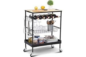 KINGRACK Kitchen Island Storage Trolley with Wine Rack, Serving Trolleys with Utility Wood Tabletop, 4-Tier Rolling Cart with Basket Drawer Lockable Casters for Home, Dining Room, Restaurant, Hotel