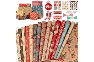 OEMG Set di Carta da Regalo Natalizia, 15 Fogli Riciclata Vintage Carta da Regalo Natale Kraft con 9 Rotoli di Nastro ed 37 Etichetta Adesiva,(15 Pcs, 70x50cm)