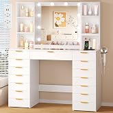YUNSCEND Large Makeup Vanity with LED Light and Mirror, Glass, Sockets | Adjustable Brightness, Modern Makeup Table with 15 D