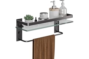 Danpoo Étagères de Salle de Bain murales en Verre avec Barre Porte-Serviette, étagère de Salle de Bain Noire, étagère de Rangement de Salle de Bain, Noir