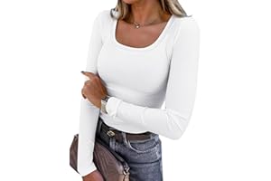 Chicrise Long Sleeve T Shirts Women U Neck Tops Basic Slim Fit Skims Lightweight Ribbed Knitted Blouse