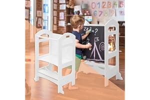 Joyz Tour d'apprentissage pour Enfants 2in1 avec Tableau Noir, Chaise d'Observation Montessori à partir de 1 an, Bois Blanc, Tabouret Auxiliaire Transformable en Table, Anti-basculement, Aide Cuisine
