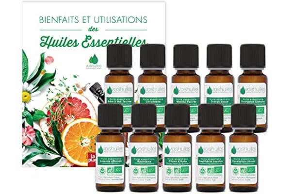 Pack Découverte 10 Huiles Essentielles Bio + Livre 200 Remèdes aux Huiles Essentielles - Idéal pour Diffuseur, Aromathérapie et Nombreux Domaines d’Applications - Ecocert - HEBBD - 10x10ml - VOSHUILES
