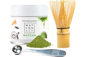 Matcha & CO Set de Té Matcha de Iniciación. Matcha Kit con Matcha Original, Cuchara medidora y Batidor de bambú. Matcha de Grado Ceremonial 100% Ecológico