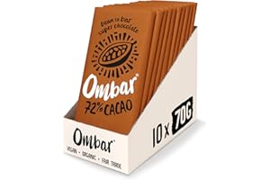 Vegan Chocolate - Ombar 72% Dark Chocolate (70g x 10 Bars) Organic Fair Trade, Dairy and Gluten Free Chocolate
