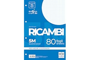 Pigna, Paquet de 80 feuilles perforées à 4 trous pour le classement, A4, 21x29,7, feuilles perforées sans renfort, 5M, quadrillées 5 mm.