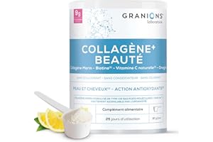 GRANIONS COLLAGENE MARIN + BEAUTE - Collagene et Acide Hyaluronique, Biotine Cheveux, Vitamine C - Beauté Peau - Complement Alimentaire Cheveux - Haute assimilation, Collagene Goût Citron -Poudre 250g