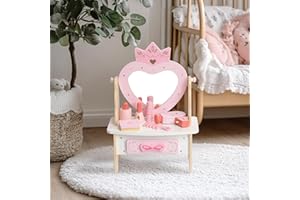 WOODENFUN Pink Girls Wooden Dressing Table, Heart-Shaped Crown Mirror with 360° Rotation, Drawer, Equipped with 7 Makeup Accessories, Desktop Dressing Table (Crown Mirror)