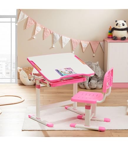 COSTWAY Kinderbureauset, bureau voor kinderen met stoel van hout, leerlingbureau met boekenkast, onderkast en prikbord, jeugdbureau voor kinderen vanaf 3 jaar, wit