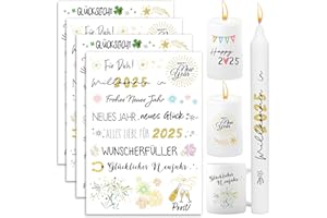 BETESSIN 4x Kerzen Tattoos Folie Kerzentattoo Frohe Neues Jahr 2025 Rub On Sticker Kerzenfolie Neujahr Sprüche Sticker Bunte Kerzensprüche Merry Christmas Kerzensticker für Stabkerzen Kerzen Tasse