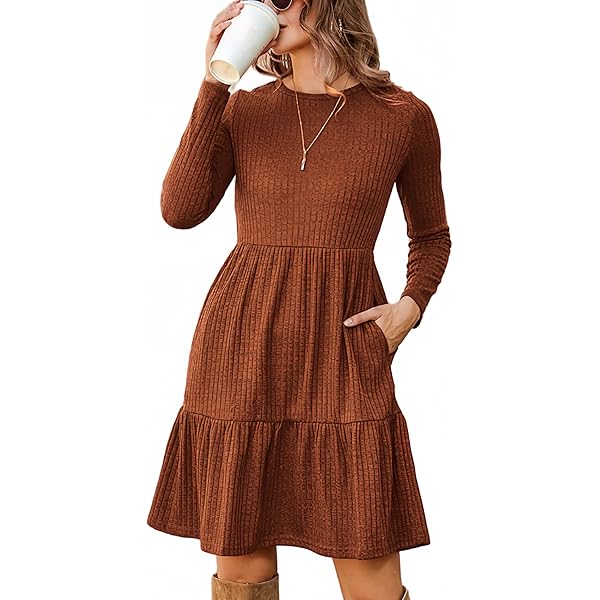 Zeagoo Damesjurk met lange mouwen - Elegante herfstjurk - A-lijn - Winterjurk - Ronde hals - Losse gebreide jurk - Knielengte - Tuniekjurk met zakken, Zwart, S