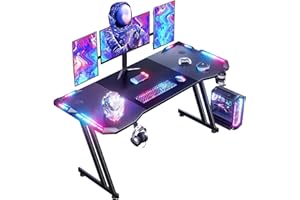 HLONONE 160 × 60 cm LED Mesa Gaming, Escritorio Gaming de Fibra de Carbono Ergonómicas, Escritorio Gamer con Portavasos y Gancho para Auriculares, Negro