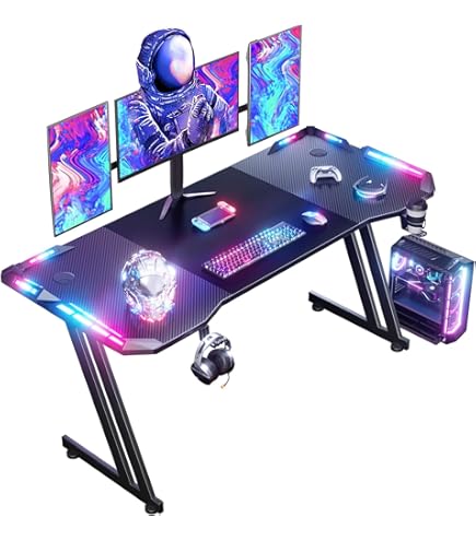Gaming Bureau met LED 180 x 70cm,Ergonomische Gamingtafel,Gamingbureau incl koolstofvezel tafelblad,Computerbureau muismat,Computertafel met Kabelmanagement,Bekerhouder Hoofdtelefoonhaak, zwart