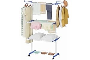 TIENILY Clothes Drying Rack, 4 Tier Foldable Hanger Heated Clothes Airer, Stainless Clothes Horse Laundry Dryer, Adjustable Clothes Dryer for Indoor Outdoor（Blue）