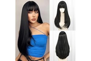 ‎EMMOR EMMOR Natur Schwarz Perücke, Lange gerade Perücke für Frauen, synthetische gestufte Perücke mit Pony, hitzebeständig, geeignet für den täglichen Gebrauch, Partys und Cosplay (Natur Schwarz)