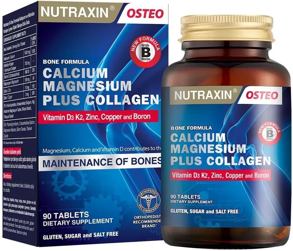 Nutraxin Bone Formula Calcium Magnesium + Collagen – 90 Tablet: Tip I Kolajen, Kalsiyum, D Vitamini, Magnezyum, Çinko & Bakır İçeren Takviye