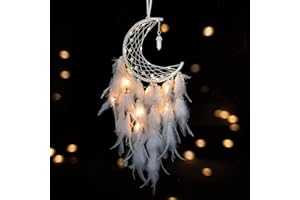 Dremisland Moon Dream Catcher with Fairy Lights Indian Dreamcatcher Kids Bedroom Accessories White Feather Lucky Turquoise Pendant Wall Hanging Decoration for Home Bedroom Chritsmas Gift