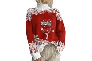 GENERIC Christmas Jumper for Women UK Plus Size Knit Tops Funny Xmas Pattern Print Sweater Long Sleeve Turtleneck Tops