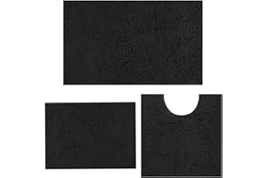 MEGAROOM Non Slip Chenille Bath Mat Sets 3 Pieces - Soft and Anti Mould Bath Mats for Safety and Comfort - Water Absorbent and Quick Drying - Bathroom Carpets Set with U-Shaped Toilet Mat（Black）