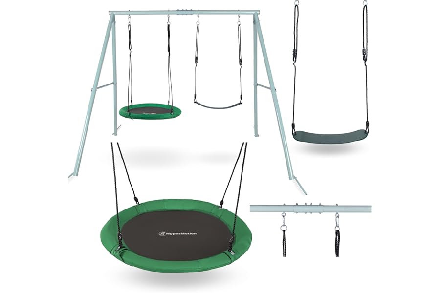 HyperMotion Garden Swing Set with Nest & Classic Seat - Sturdy A-Frame Design, 200kg Load Capacity - Weather-Resistant Steel Frame & Adjustable Ropes - Safe Outdoor Play Equipment for Kids & Parents