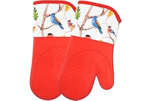 SiXsigma Sports Oven Gloves Heat Resistant Silicone Shell Waterproof - Quick Dry Oven Mitts for BBQ, Cooking, Baking And Grilling Set of 2 (Spring Birds, 33X17 CM)