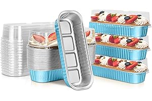 Lonimia Juego de 20 bandejas rectangulares de papel de cocina, moldes de papel de aluminio, para hornear pasteles y barbacoas, con tapa (200 ml), color azul