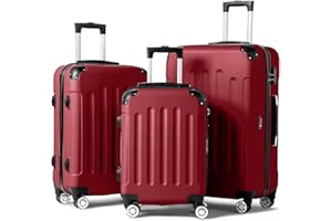 LALAHO Kofferset, 3-teilig (M, L, XL), Leichte Hartschalen-Trolleys aus ABS, Robust und Langlebig, Handgepäck mit 4 Rollen und Eckenschützern, Burgunderrot