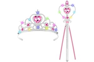 AOOTE Leuchtend Prinzessin Tiara Krone und Zauberstab, Princess Dress Up Zubehör mit LED Krone und Zauberstab, Prinzessin Krones und Zepter Set für Geburtstag Party, Cosplay,Fasching Party (Rosa)