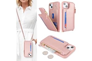 SailorTech Handyhülle für iPhone 15 Etui mit Kartenfach, iPhone 15 Hülle mit Verstellbarer Halskette, iPhone 15 Handytasche mit Reißverschluss Geldbörse - Roségold