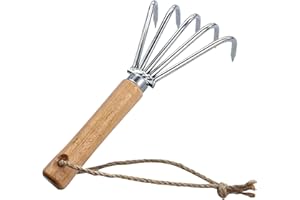 GAOGE Hand Rake, Steel Digging Tool with Wooden Handle for Garden Transplanting, Precision Digging, and Soil Leveling, Short handle / 5 Short spike, silver