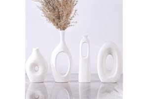 QIANLING Juego de 4 jarrones de cerámica blanca - jarrones redondos huecos modernos para decoración de hierba y flores de la Pampa, sala de estar, dormitorio, decoración de chimeneas y centros de mesa