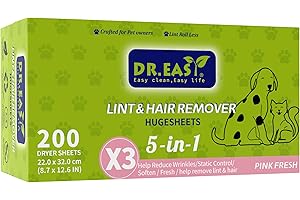DR. EASY Dr.Easy LINT & HAIR REMOVER Pet HUGESHEETS avec 3X feuilles de séchage, PINK FRESH, 200 unités, FORMULE À BASE DE PLANTES ET DE MINÉRAUX
