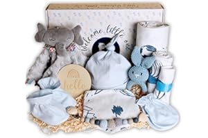 veviur - Canastilla Bebé Recién Nacido - Cesta Bebé Recién Nacido Niño – Incluye: Doudou Bebe, Sonajero, Portachupetes, Manta, Babero y Otros Textiles Esenciales algodón 100% orgánico hipoalergénico